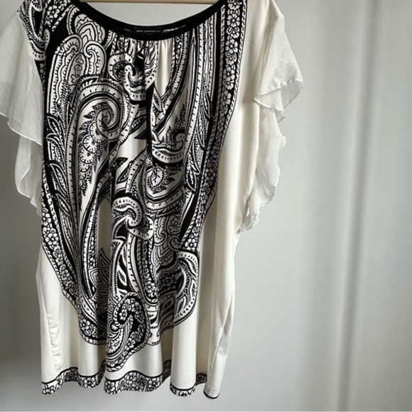 QED London Boho Tunic Top Dress White Black Paisley Flutter‎ Ruffle Sleeves - L - Picture 4 of 14